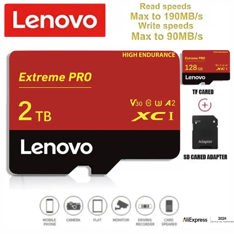 Lenovo-tarjeta de memoria Mini de 128GB, Clase 10, 256GB, U3, 4K, Ultra alta velocidad, SD, TF, Flash, 512GB, 1TB, 2TB, para cámara y PC