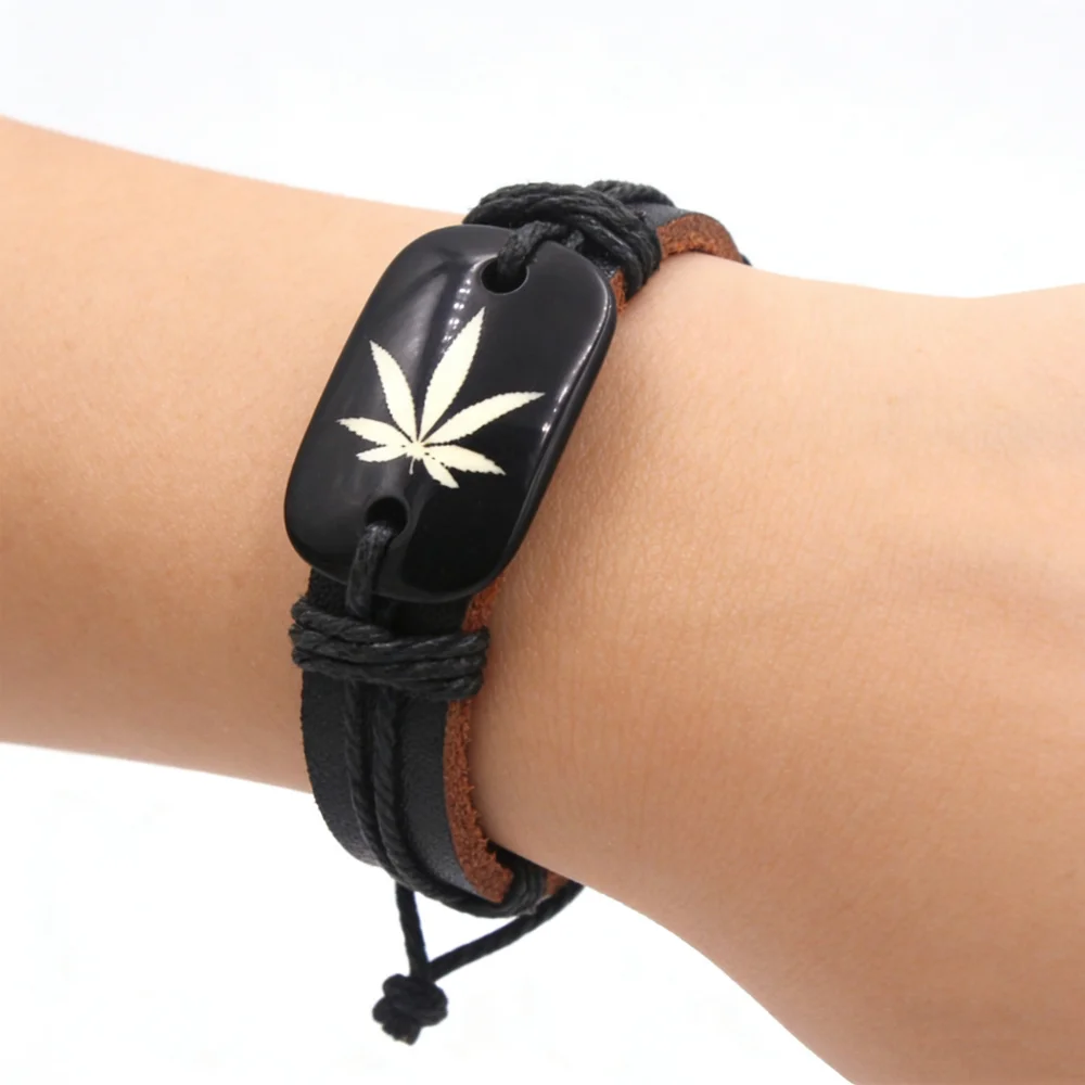 Vintage Resin Carved Maple Leaf Leather Bracelet for men women's jewelry gifts