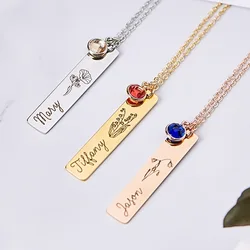 Personalized Birthstone Flower Name Necklace Stainless Steel DIY Custom Bar Necklace for Women Children Wedding Party Gift 2024