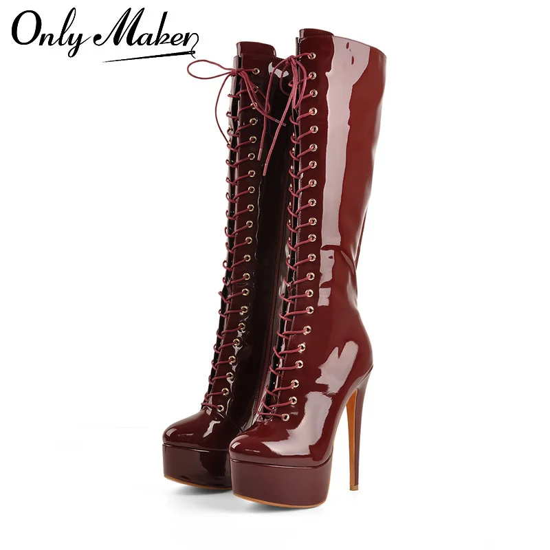 Onlymaker Women The Knee High Boots Platform  Front Lace-Up Thin High Heel Stiletto Stretch Big Size Sexy Woman Boots