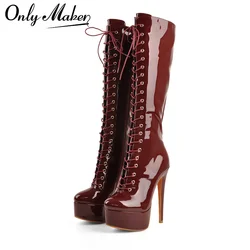 Onlymaker Women The Knee High Boots Platform  Front Lace-Up Thin High Heel Stiletto Stretch Big Size Sexy Woman Boots