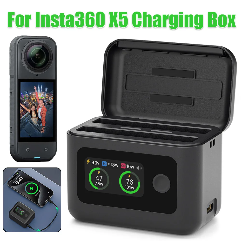 

For Insta360 X5 Battery Charger Case Dual-Slot Portable Battery Charging Box Power Bank Portable Battery Charger Battery Parts
