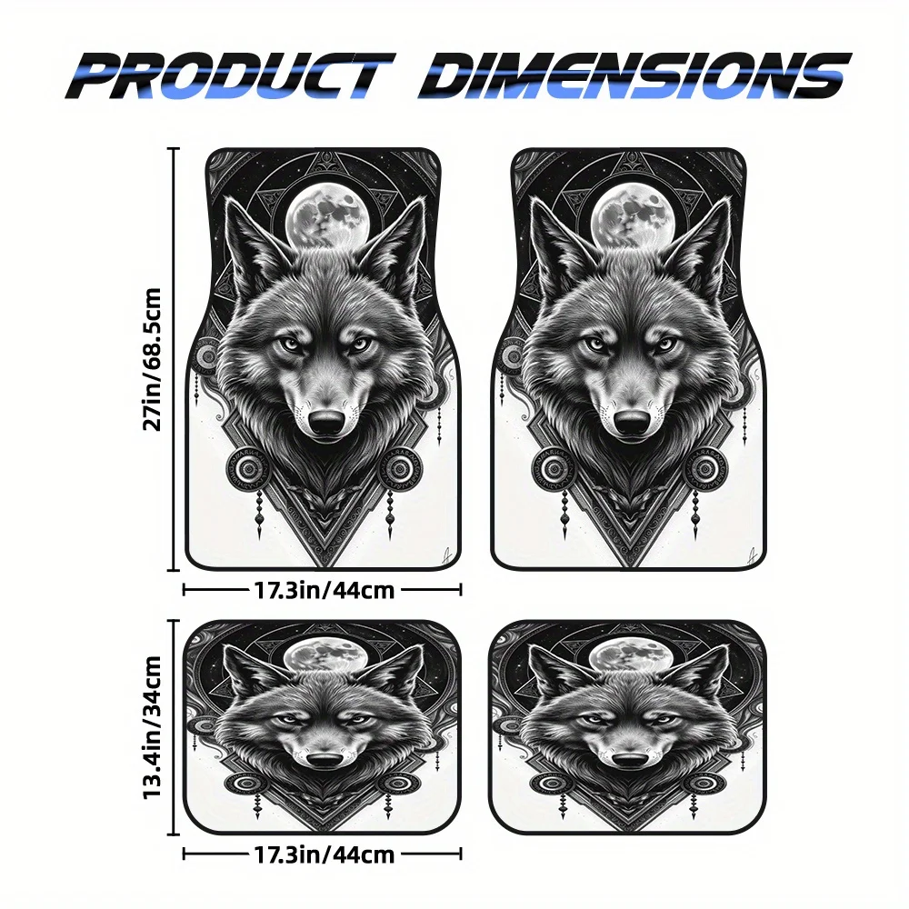 4pcs Wolf Moon Car Mats - Mystical Wolf Art Design, Fit For SUVs & Pickup Trucks, Durable Polyester, Easy-Clean, Stylish Interio