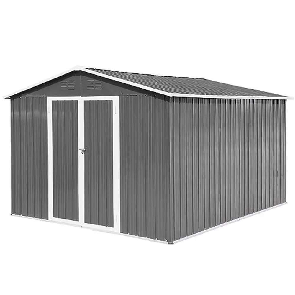 

Outdoor Metal Garden Shed Galvanized Steel Large Storage Shelter Lockable Doors Weatherproof Tool House Pitched Roof Vents Pet