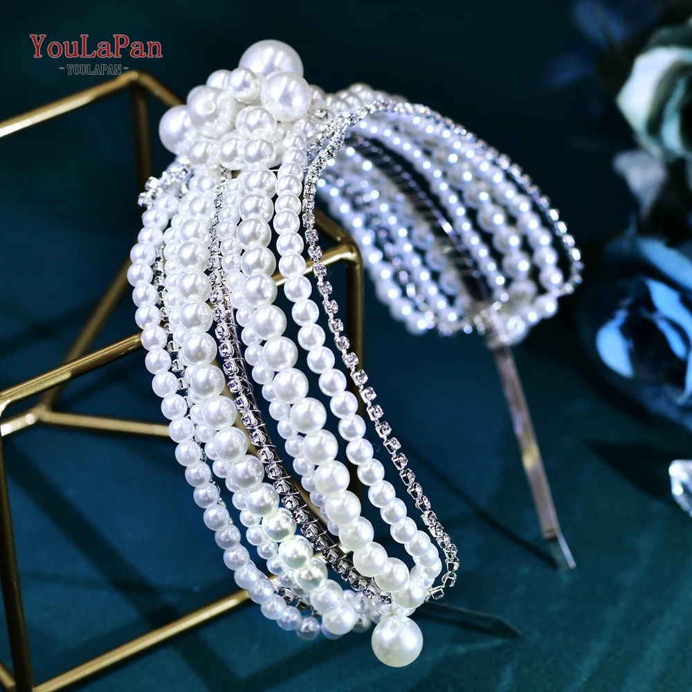 YouLaPan Hot Sale Pearl Headband Crystal Bridal Accessory Bling Rhinestone Tiaras Wedding Crown Beads Bride Hairpiece HP626