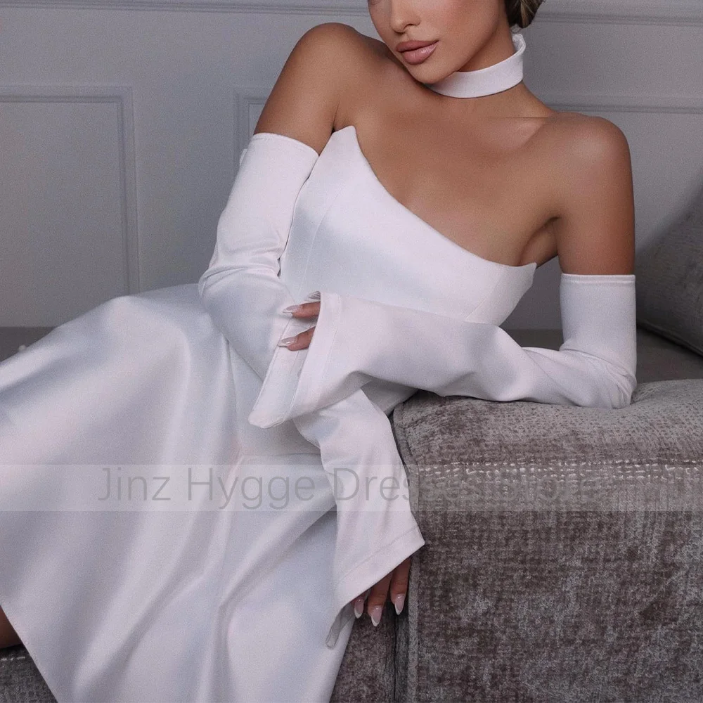 Civil Wedding Dress White Satin A Line Strapless Short Wedding Gowns with Detachable Sleeves Backless Simple Bridal Dresses Mini