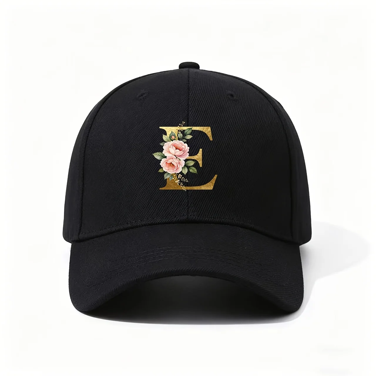 Adjustable Baseball Cap with Golden Peony Blossom & Letter E Print - Lightweight Wedding Gift, Luxury Watercolor Floral Hat Suit