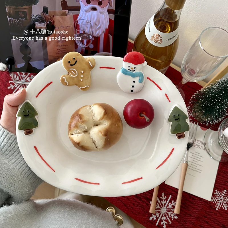 

3D Cerc Cisas Decoration Elliptical Plate Cute Gingerbread Man Snowman Handmade Deep cm Dert Plate for Home Use