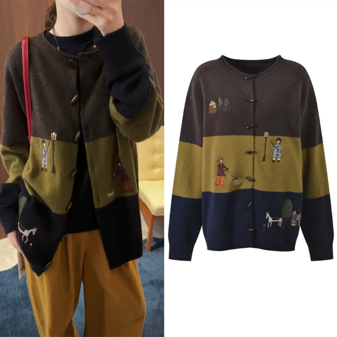 

High-End European Sle Cartoon Embroidery Loose Knitted round Ne Open Cardigan Women's Top Fun Design Casual Faion