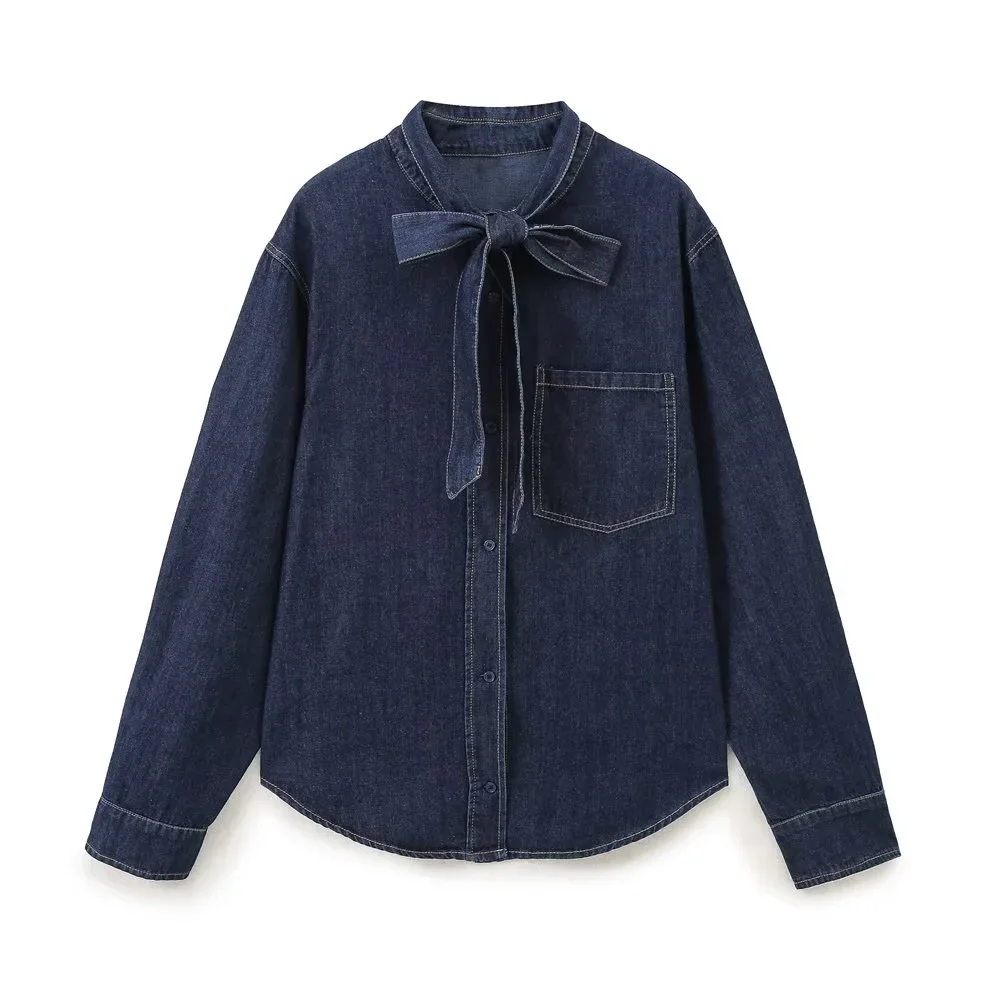 PB&ZA 2024 Autumn New Product Women\'s Loose Casual Color Contrasting Bright Thread Decorative Bow Pocket Denim Shirt