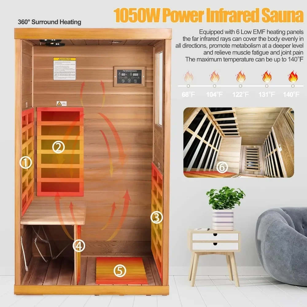 Sauna doméstica infravermelha, mini sauna infravermelha para 1 pessoa, 1050w, saunas secas para casa, cedro vermelho, madeira, sauna interna, spa com 6 baixas