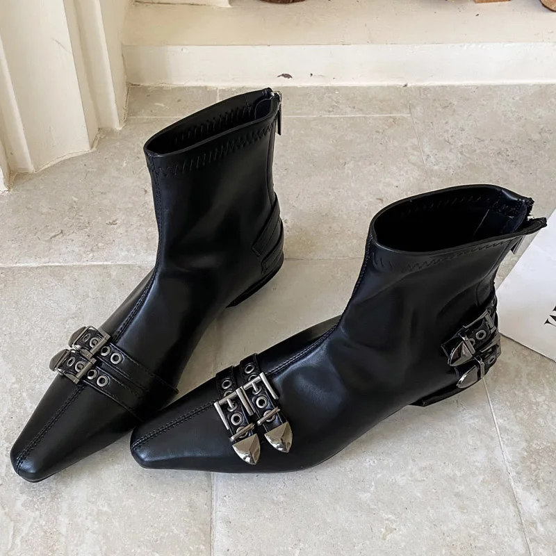 

Women's Square Toe Double Buckle Rivet Decor Back Zipper Flat Heel Stretch Ankle Boots Punk Biker Casual Footwear Drop Shipping