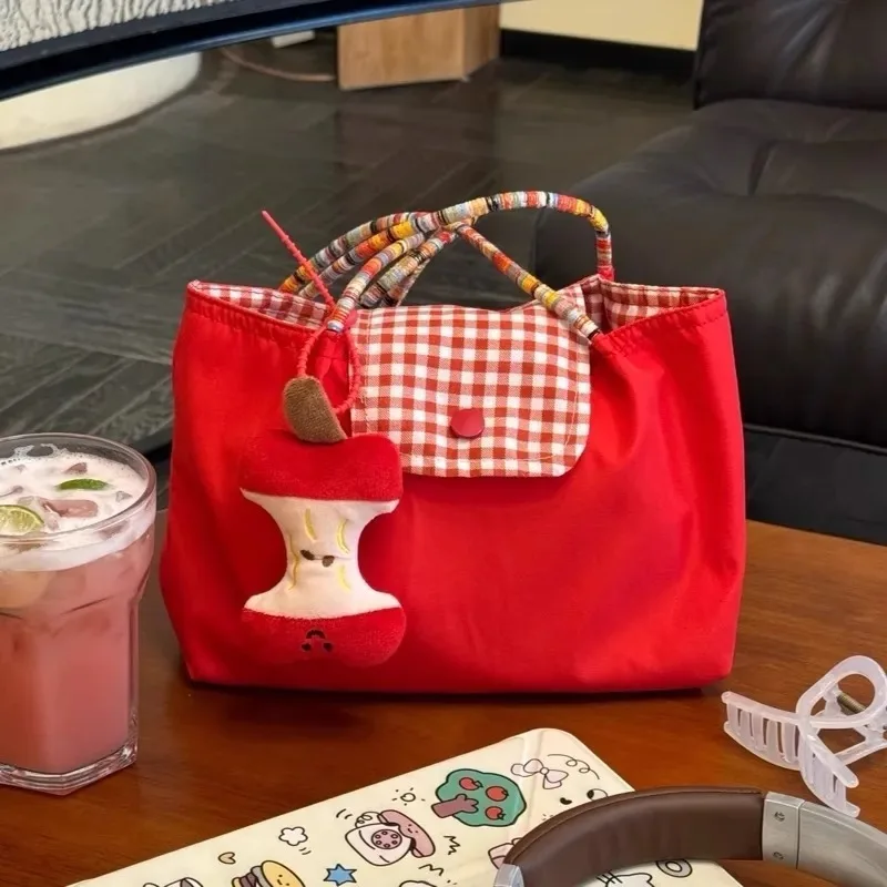 2025 New Red Checkered Handbag Large Capacity Commuter Tote Bag Work and Class Single Shoulder Hand-held Canvas Bag