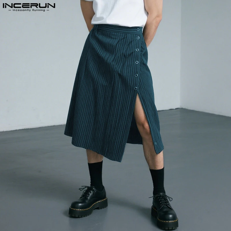 INCERUN Men Striped Skirts Pants Button Split Casual Men Bottoms Streetwear Loose 2025 Personality Fashion Male Skirts Trousers