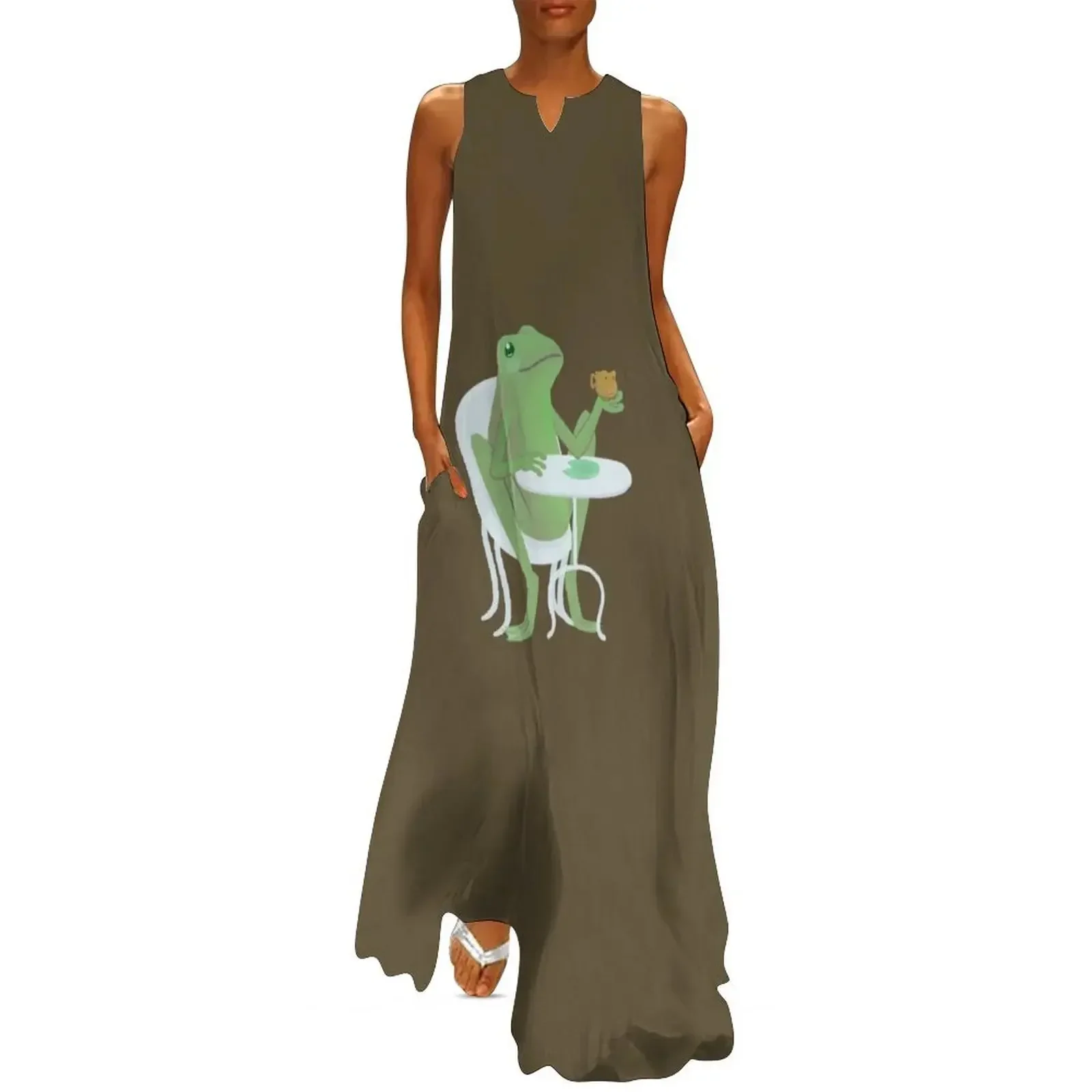 

Just a green frog havin' tea Long Dress luxury woman evening dress elegant chic women dresses promotion dress dresses