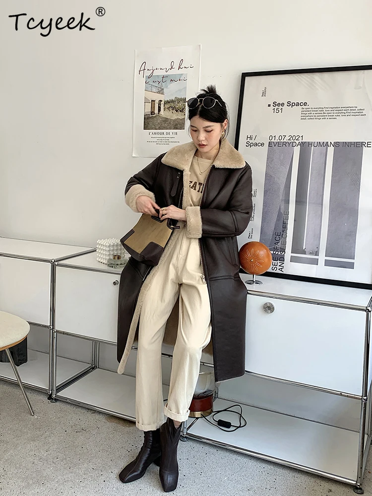 Tcyeek Real Wool Autumn Winter High End Trendy Square Collar Tie Medium Length Women's Wool Shearling Fur Coat Fourrures Femme