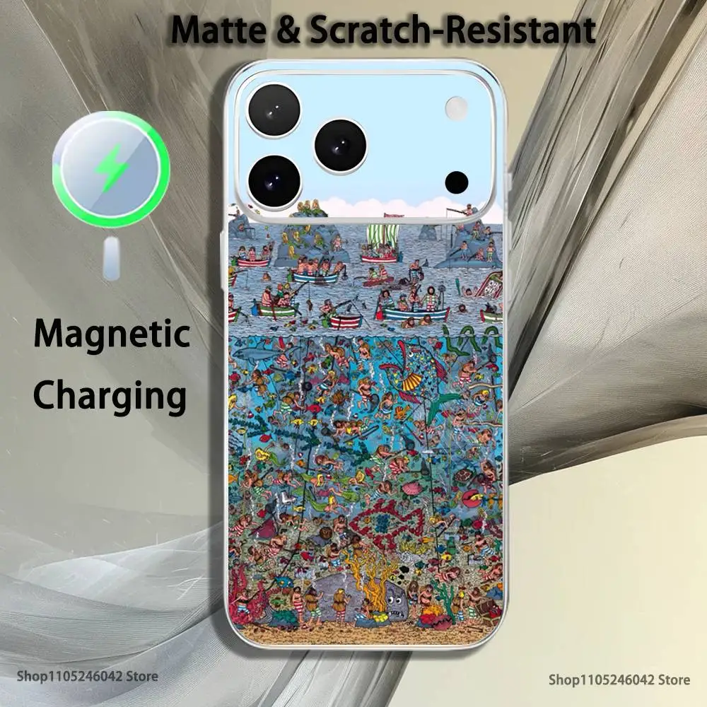 Game Wheres W-WallyS Waldo Book Transparent White Phone Case For iPhone 17,16,15,14,13,12,11,Pro,Max Magnetic Wireless Charging