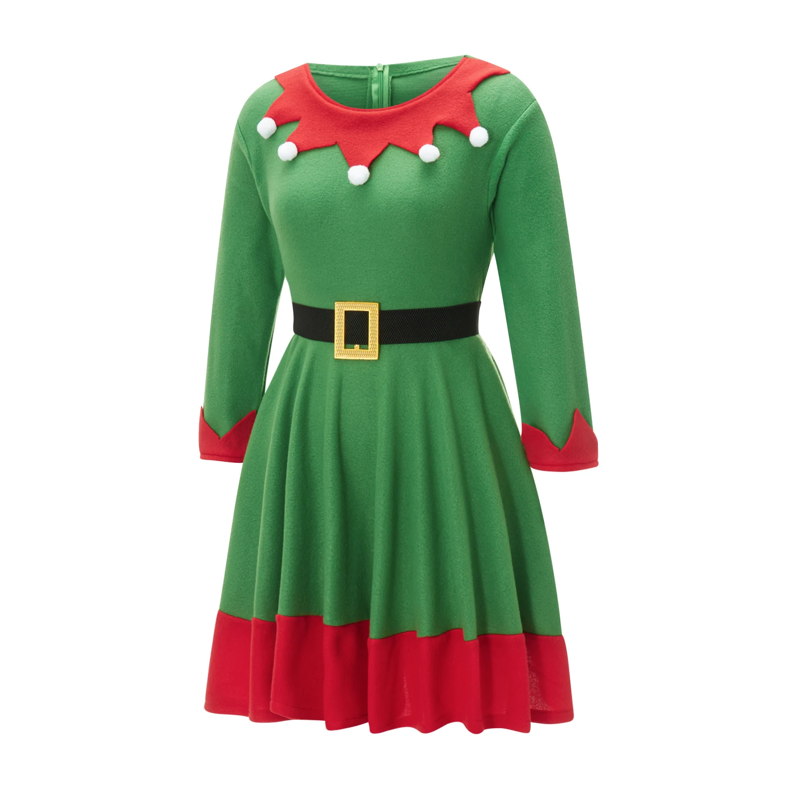 Women Christmas Elf Costumes Dresses with Belt Striped Stockings and Hats Set for Cosplay Role-Playing Party Outfits