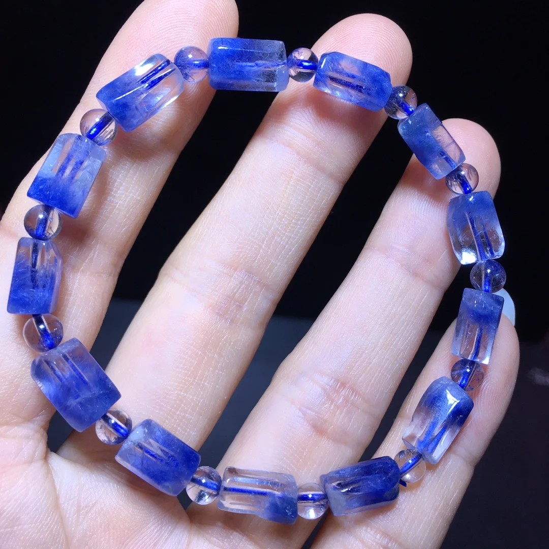 Natural Blue Dumortierite Rutilated Quartz Beads Bracelet 10.5/6.5mm Blue Rutilated Barrel Cat Eye Clear Beads Stone AAAAAAA