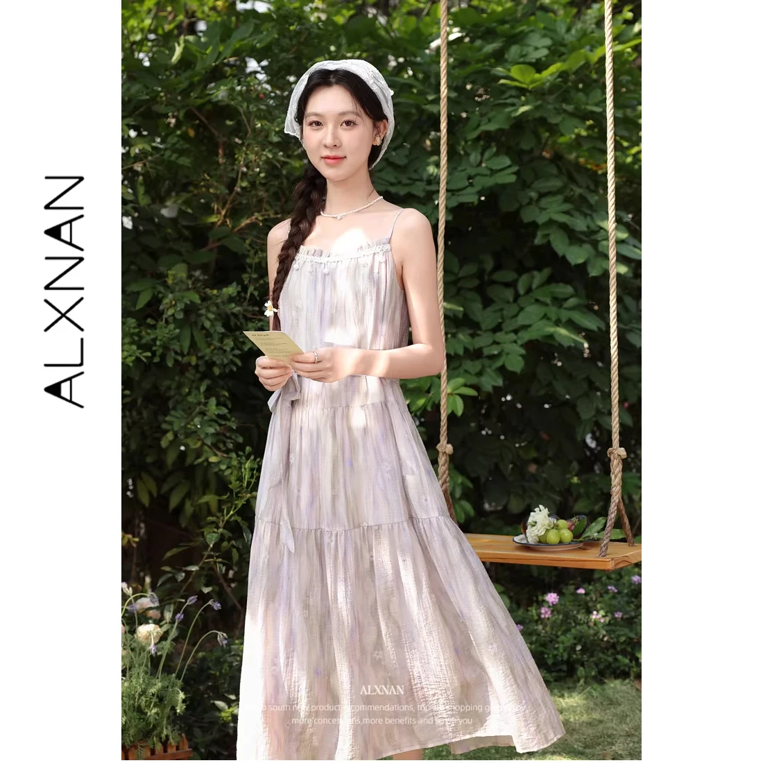 

ALXNAN Purple Women's Summer Sundress Elegant Holiday Beach Party Sleeveless Dress Female Summer Slip Dress with Belt L62303
