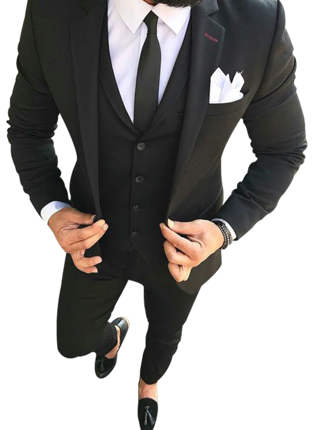 

Men's Solid Black 3 Piece Suit Slim Fit Jacket & Trousers & Waistcoat
