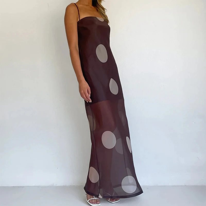 Robe longue à pois pour femme, bretelles spaghetti, maille transparente, robe longue sexy sans manches, dos nu, robes d'été élégantes pour femmes