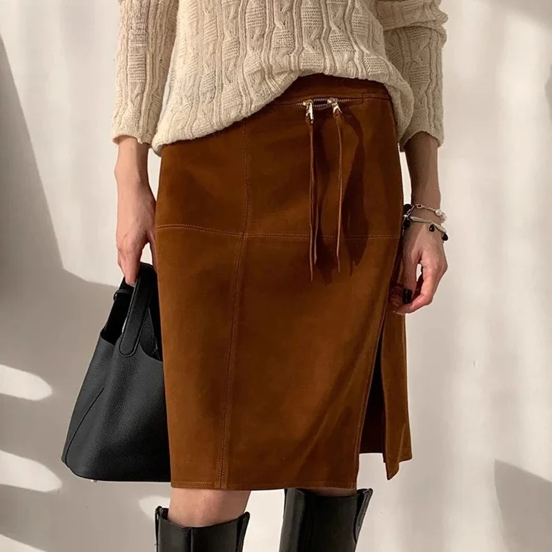 Retro Genuine Kid Suede Real Leather Pencil Skirt Side Slit Soft Lambskin Midi Skirt with Knee Length Women Korean Women