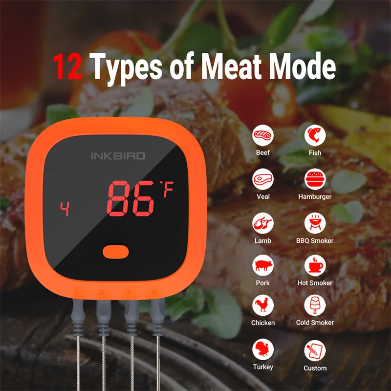 INKBIRD Waterproof BBQ Meat Thermometer IBT-4XC Bluetooth Grilling Thermometer Alarm Outdoor Cooking for BBQ Kitchen Smoker Oven