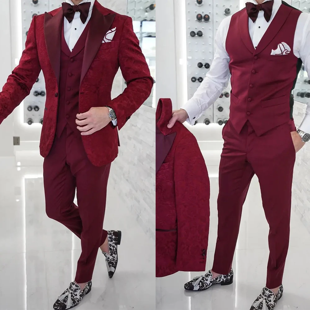 Red Floral Pattern Men Wedding Tuxedos 3 Pieces Groom Dinner Business Evening Suit Birthday Party Wear