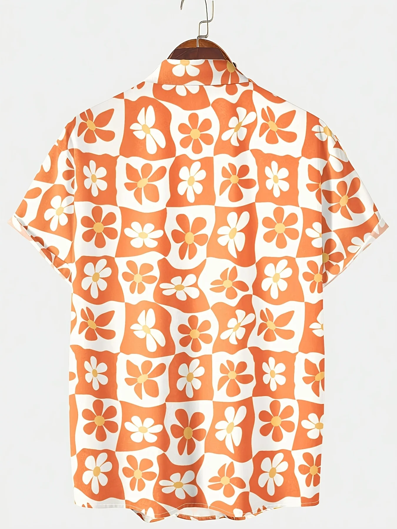 Men Orange White Wavy Check Daisy Retro Fresh Satin Print Short Sleeve Casual Shirt