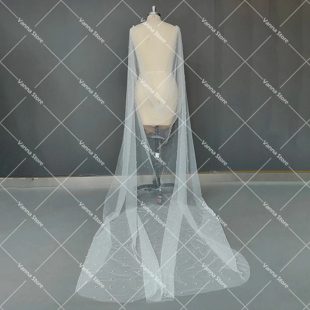 Romant Zachte Tulle Parels Bruiloft Cape Jacket Bridal Schouder Cover Custom Made Plus Size Mesh Borstel Trein Boho Moderne Poncho