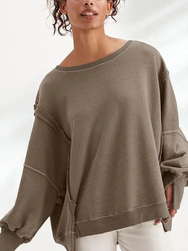 

Casual Long Sleeve Sweatshirt Women Split Hem T-Shirt Polyester Spandex Spring Summer Autumn Fashion Basic Color Top