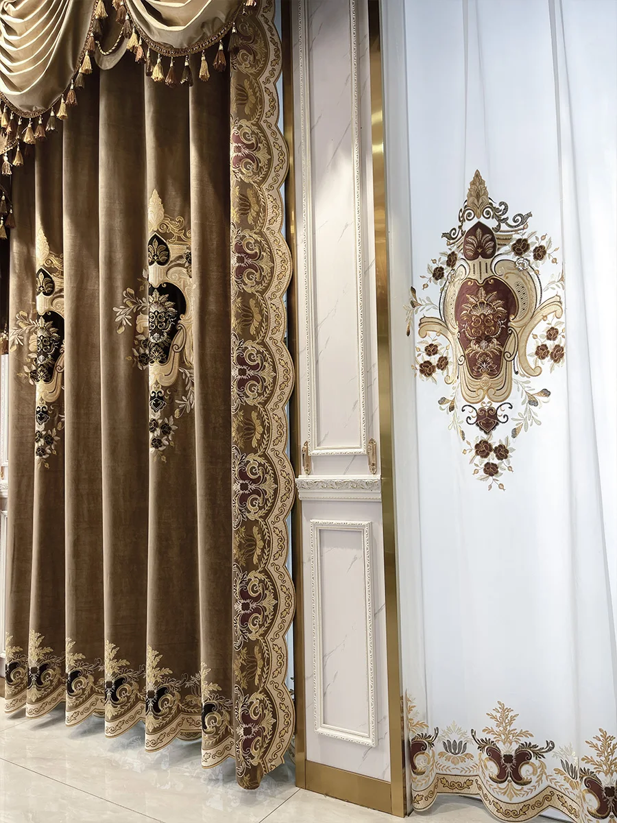 

French European velvet embroidered thick window livingroom valance curtain tulle M1574