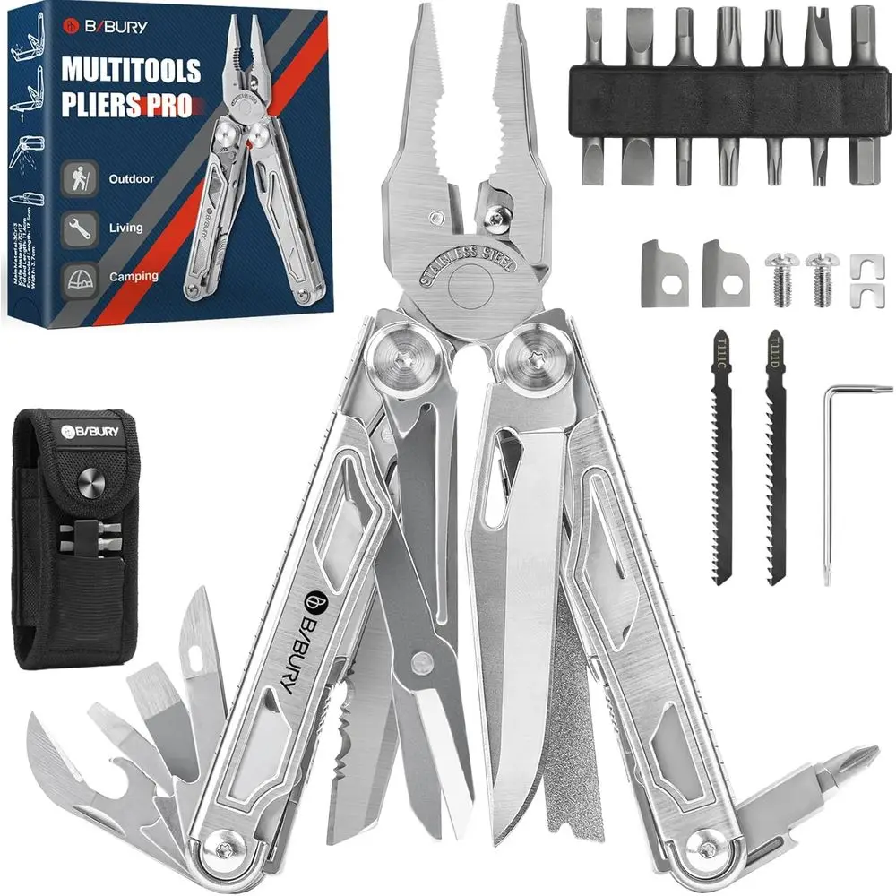 

Stainless Steel Multi-Tool Pliers with Replaceable Wire Cutters, Saw, Scissors, and Screwdriver - Perfect for Camping, Survival,