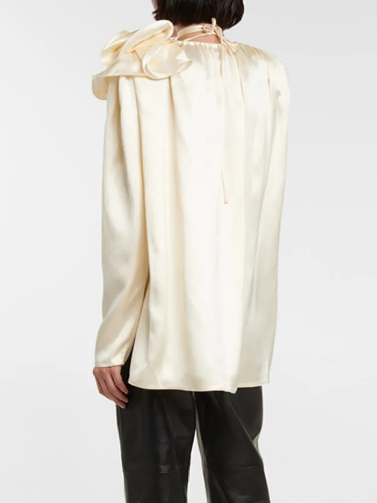 KBQ Spliced Appliques Satin Shirts For Women V Neck Long Sleeve Patchwork Lace Up Loose Solid Elegant Blouse Female Spring New