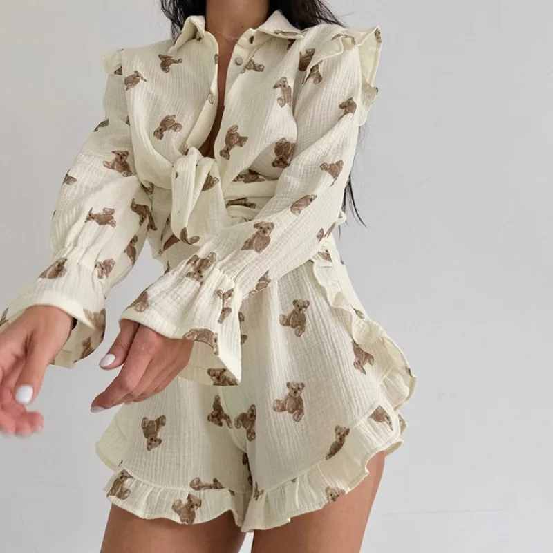 

Tuularose Printed Shorts 2 Piece Set Vintage Ruffle Long Sleeve Top Slim Shorts Set Casual Commuter Home Chic Women Shorts Set