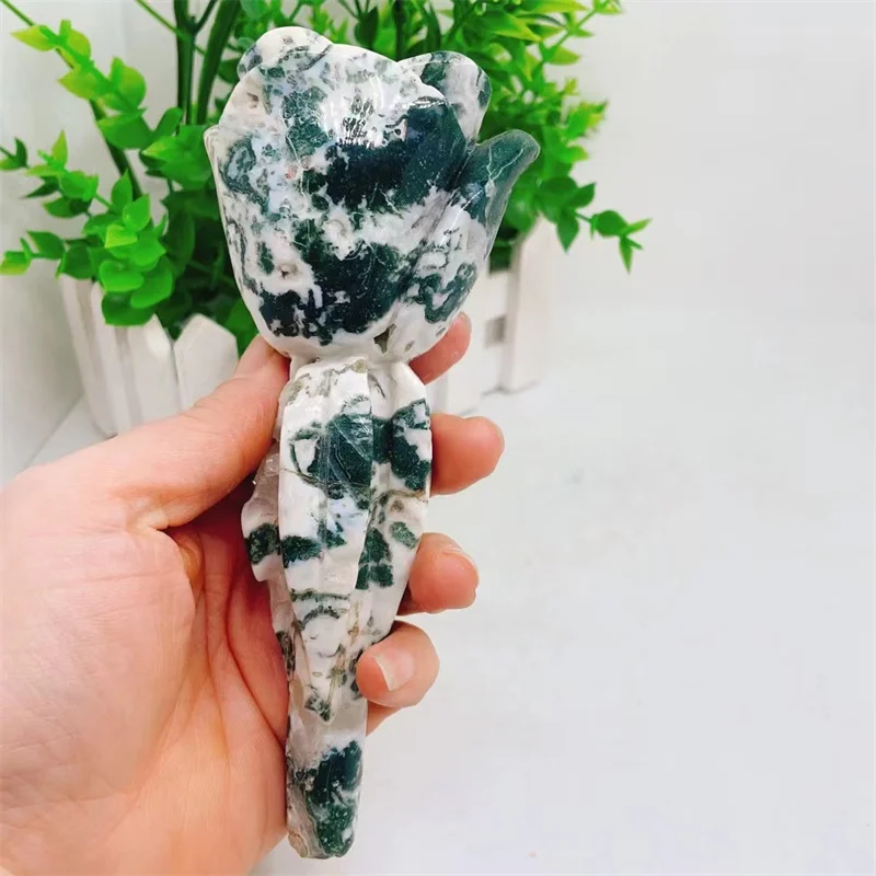 

Natural Moss Agate Flower Carving Peony Flower Energy Gem Reiki Healing Home Decoration Gift 1pcs 14CM