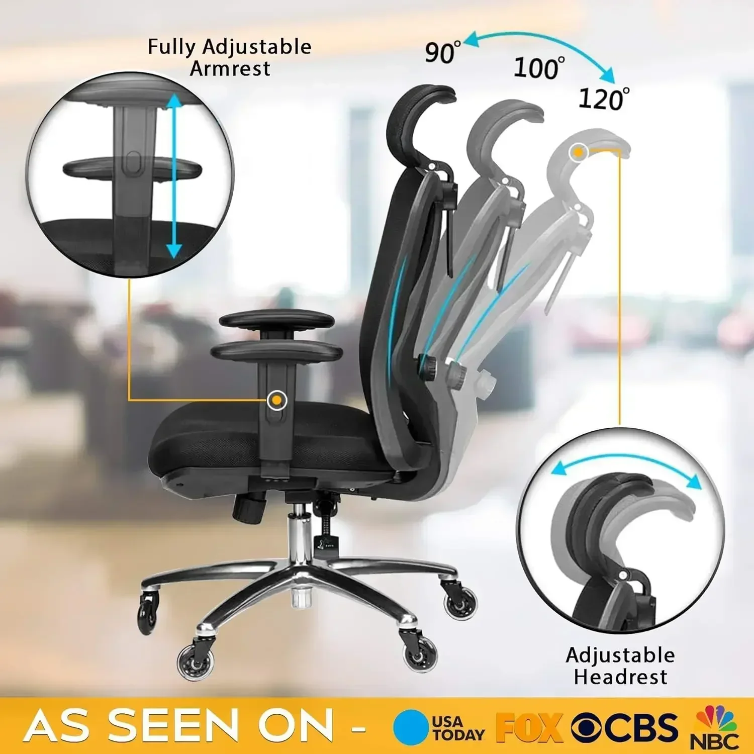 Ergonomic Office Chair - Adjustable Desk Chair with Lumbar Support and Rollerblade Wheels - High Back Chairs with Breat