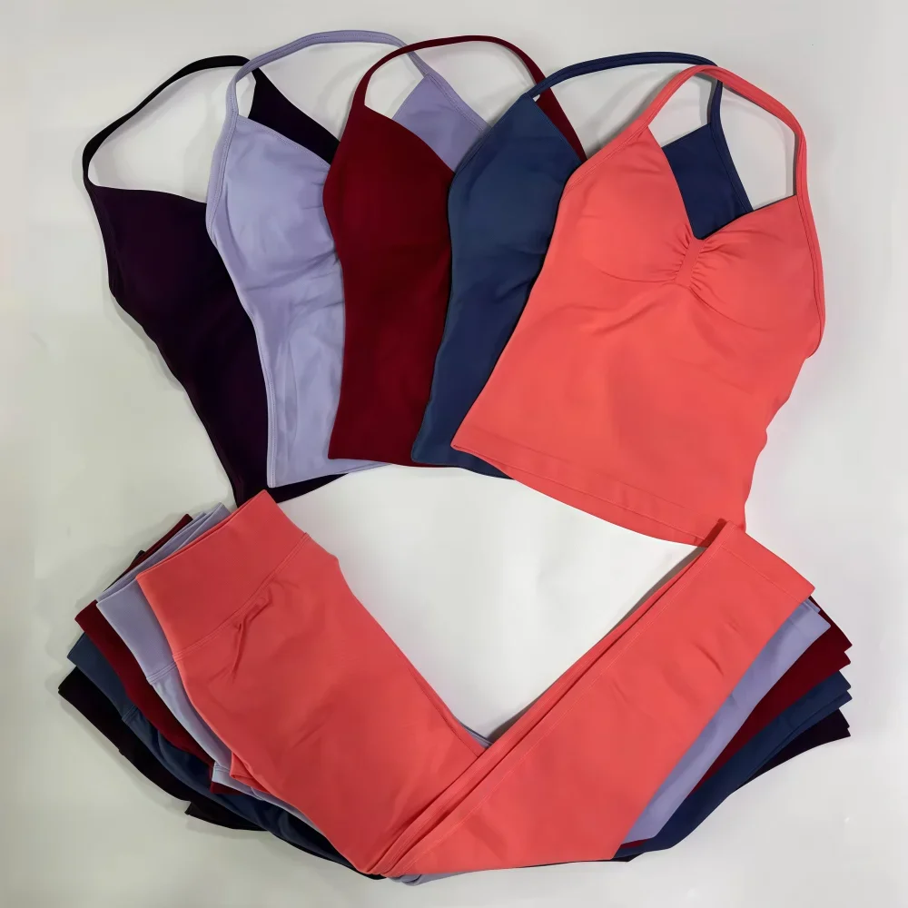 2-Piece Yoga Set Ladies Gym Training Leggings and Neck Tank Yoga Fitness Seamless Set Pilates Clothes Workout Sportswear