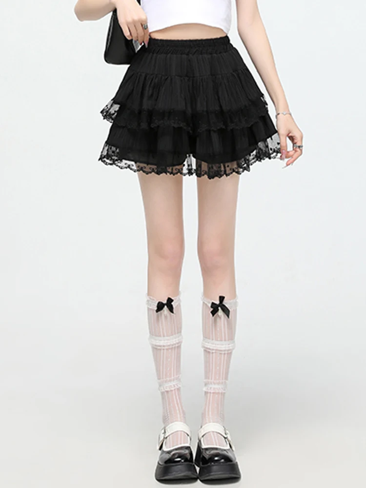 Korean Summer High Waist Slim A-Line Skirt Female Lace Black White Apricot Skirt Solid Color Sweet Elegant Lady Women Skirt