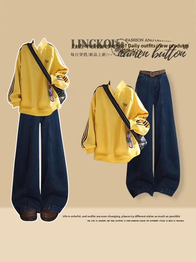 

Korean Sle plus Size Autumn Winter Set Women's Dopane Stand Collar Sweatirt Versatile Slimming Jeans Two Piece Set