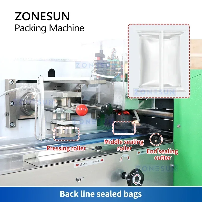 ZONESUN Horizontal Flow Wrapper Back Line Sealed Bags Cosmetic Bottle Tube  Facial Mask Tissue Bagging Machine ZS-ZB350X
