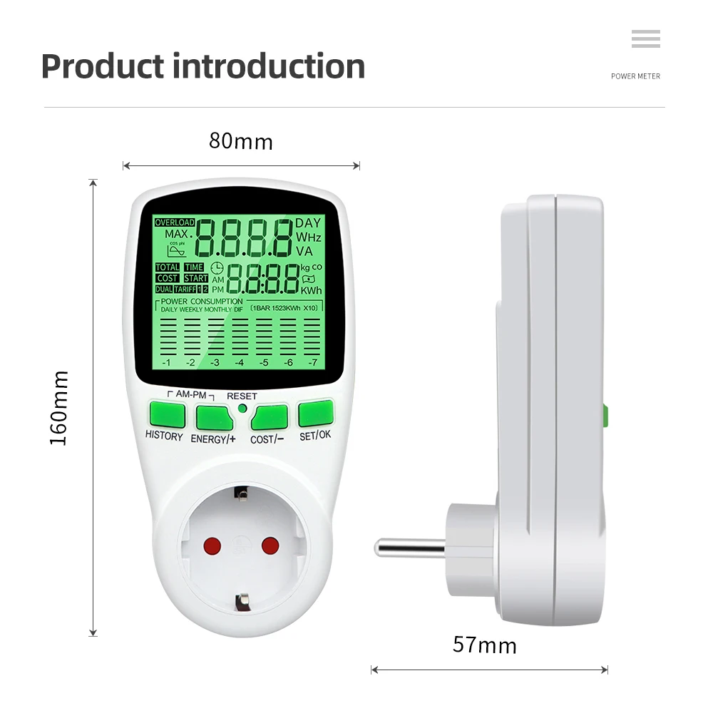 Digitaler Spannungs-Wattmeter, US/UK/EU-Steckdose, Energiezähler, Leistungsmesser für Wattzahl, kWh-Leistungsmesser mit Hintergrundbeleuchtung – Detail 10