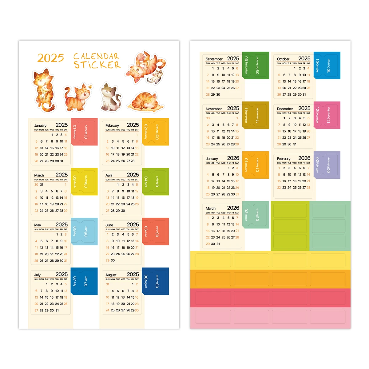 2025 Mini Calendar Stickers with Cute Cat Design,2 Sheets Monthly Index Tabs Planner Adhesive Divider for Your Planner and Diary