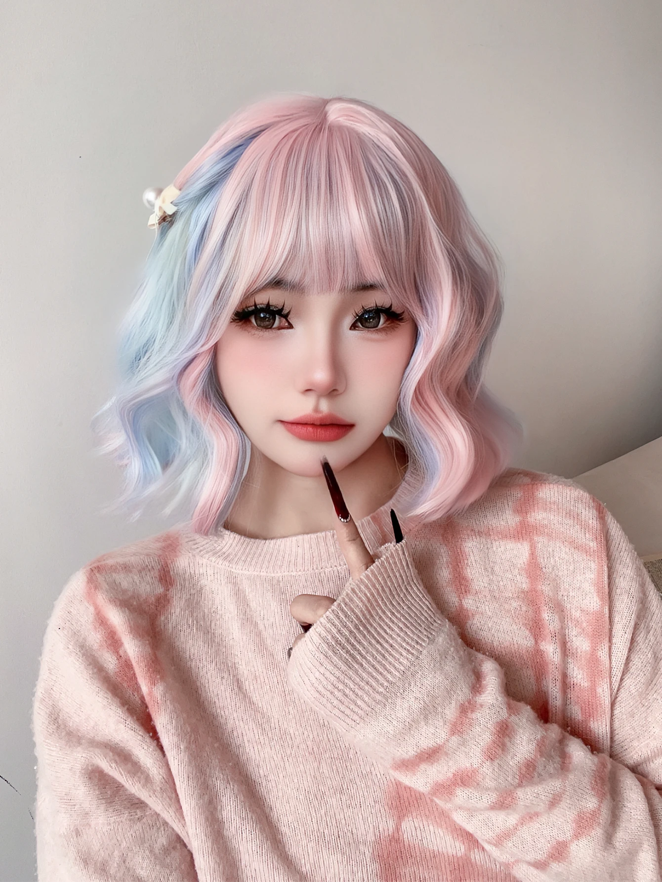 Perucas sintéticas com Franja para mulheres, cor Lolita azul e rosa, cabelo curto ondulado natural, cosplay, resistente ao calor, 12 pol