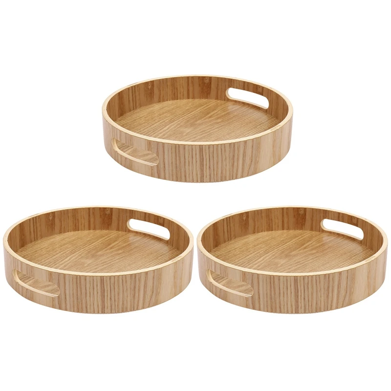 

3X Round Serving Bamboo Wooden Tray for Dinner Trays Tea Bar Breakfast Food Container Handle Storage Tray 1