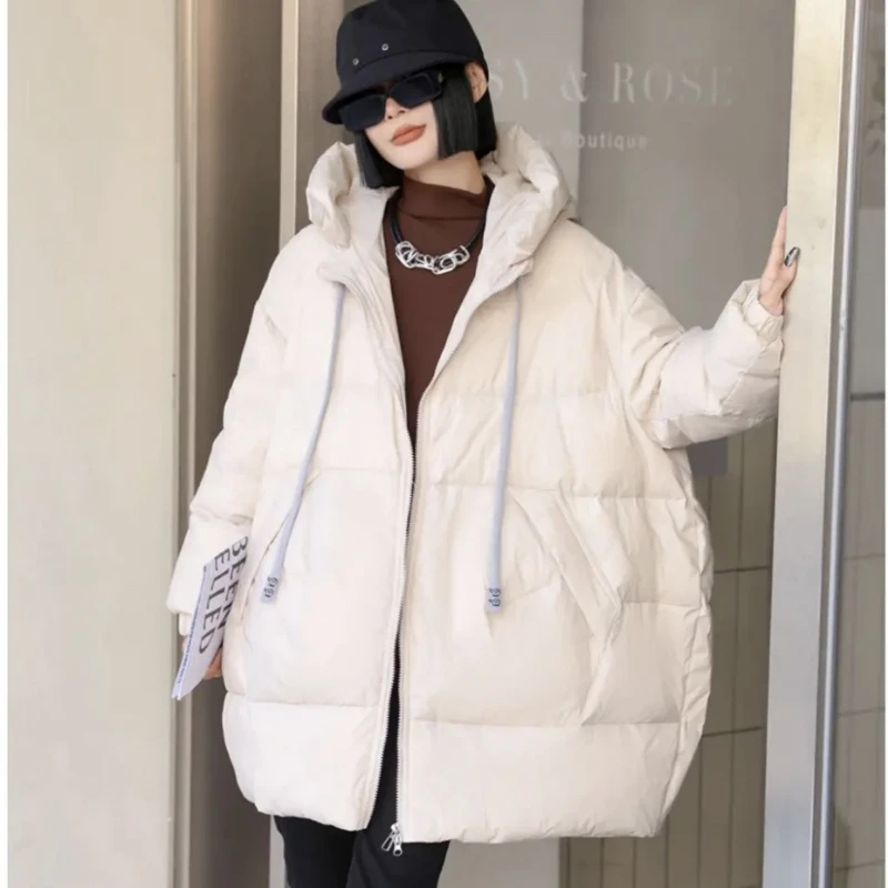 Mid-length Coats Down Hooded Jackets for Women Fashion Casual Loose Puffer Coats Thickened Warm Windproof Solid Down Jackets