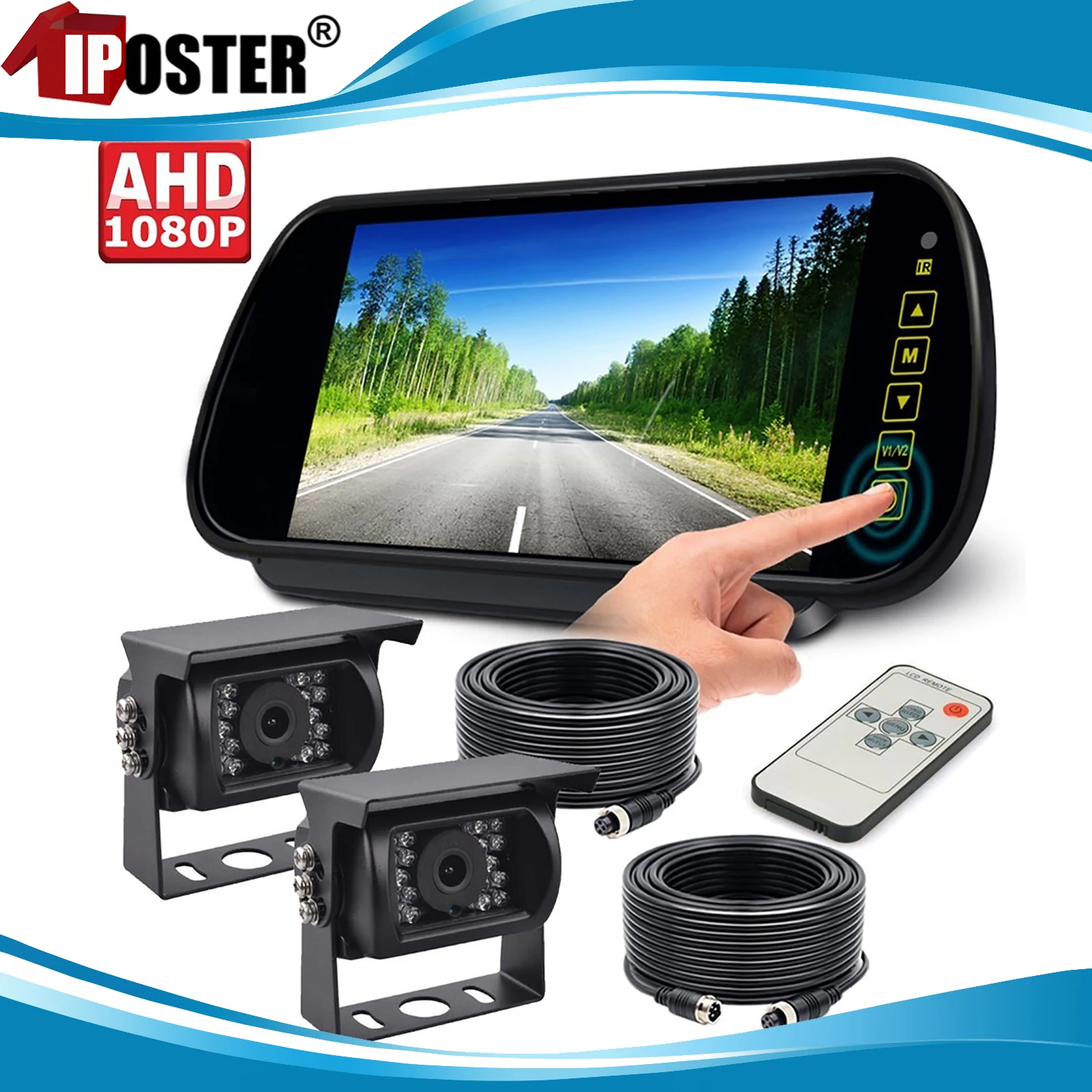

iPoster 7" AHD IPS Screen Car Rear View Mirror Monitor 1/2x 1080p Backup Cameras IP68 Waterproof For Truck Bus Van Trailer RV
