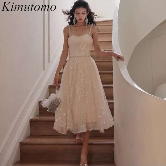 Kimutomo Starry Beaded Evening Gowns High Waist Sequined A Line Sleeveless Mini Dresses French Style Sleeveless Party Dress