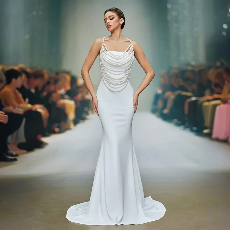 Luxury Pearl Beaded Mermaid Wedding Dress New Pearls Tassel Satin Spaghetti Strap Backless Floor Length Bridal Evening Gown